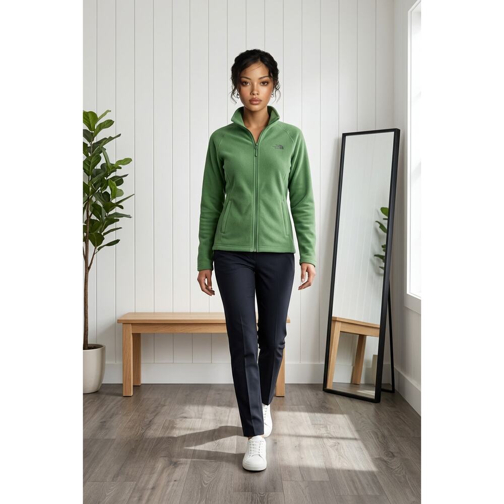 The North Face Sweater Fitted Fleece Zip Up Green w/Pockets Cozy Womens Size XL